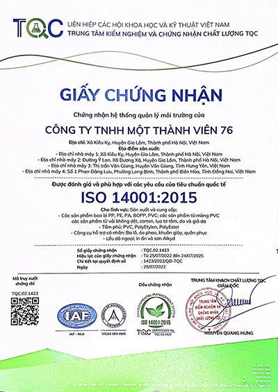 Chứng nhận ISO 14001:2015 - Bao bì, lều bạt Z76 - Công Ty TNHH MTV 76